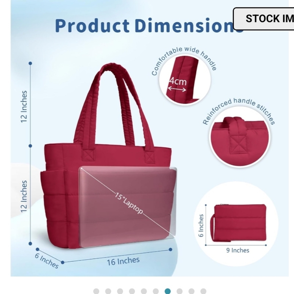 New Quilted Tote Bag with Matching Pouch - Dark Red - Picture 4 of 16